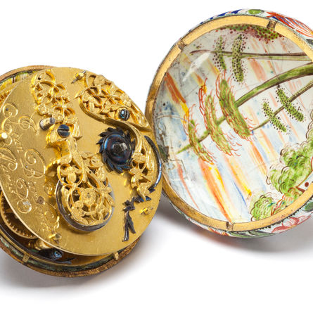 Email-Halsuhr, Paris, um 1630. Uhrenmuseum Winterthur, Sammlungsausstellung Oscar Schwank.