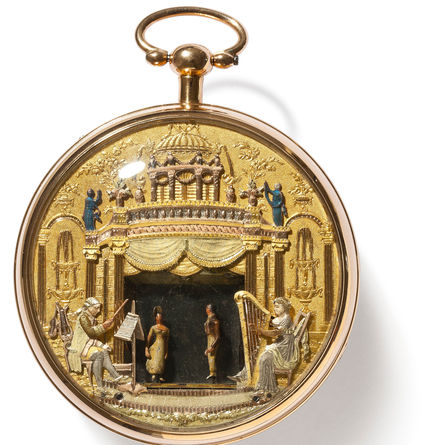 Gold-Emailuhr mit Automat und Musikwerk «Theater», Genf, um 1805. Uhrenmuseum Winterthur, Sammlungsausstellung Oscar Schwank.