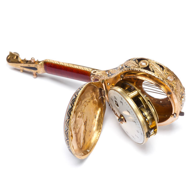 Gold-Emailuhr in Form einer Mandoline, Genf, um 1820