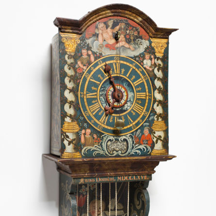 Öffentliche Führung im Uhrenmuseum Winterthur – Museum am Mittag vom 23.01.26 – «Das Gesicht der Uhr», Holzräderuhr, Teufen, 1767. Sign.: Emanuel Brugger, Teufen A. R. 1767. Sammlung Konrad Kellenberger.