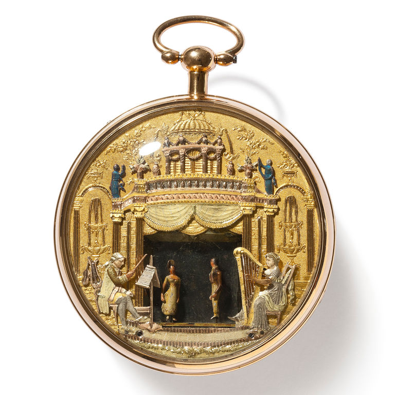 Gold enamel watch with "theatre" automaton and musical works